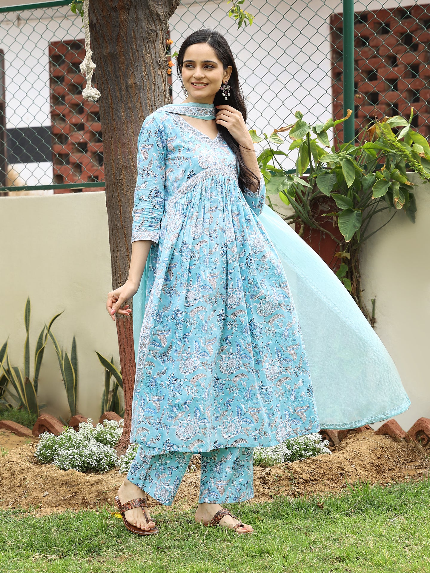 Serene Light Blue Hand Block Bagru Printed Cotton Kurta Set